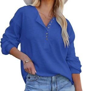 Topstype Women’s Blue Long Sleeve Oversized Loose Fit Henley Tunic
